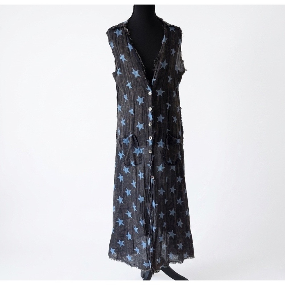 A Rare Bird Blue Stars Duster Vest Dress Semi Sheer Distressed Lagenlook Boho
